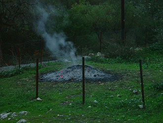 Yesterday, the olive tree trimmings burned and smouldered under a rainy sky...Sounds romantic doesn't it. Actually during the day this was a raging bon fire which the owner left unattended after incinerating half the mountain side. Luckily there was some rain in the afternoon to dampen it, because the days' wind really whipped the flames dangerously close to the higher branches of trees and to the nearby house. Mine in fact. At 9pm it was still a glowing heap. Maybe there wasn't any danger, but the ash has left the house looking like a volcany has exploded nearby, and there isn't a room that doesn't smell like a crematorium. Even with all the windows closed, the smoke got in, just from the sheer force of the wind that blew it in the direction of the house. Ok, so maybe not all Ithacans are firendly. This Ithacan was asked to burn a little further from the house and just plain refused. Should have expected that, seeing that this same Ithacan once told me to go back to where I came from. Did he mean Lahos? 