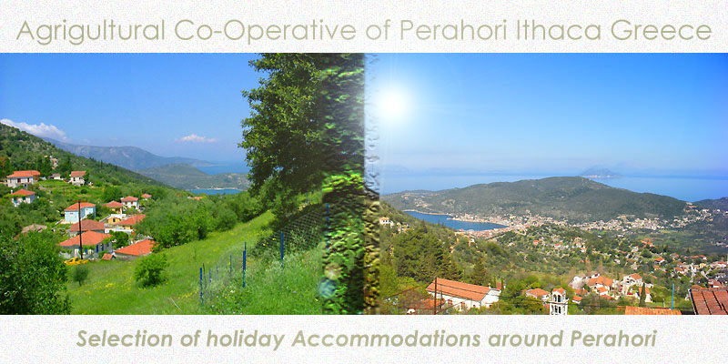 Agricultural Co-Operative of Perahori Ithaki Greece. Rooms, hotel, holiday rental and vacation lets on Ithaki Island Ionian. Ithaca Greece Accommodation with houses, cottages, rooms, apartments, hotels, flats for rent.